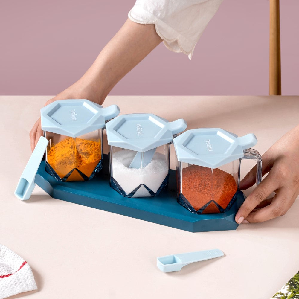 Spice Containers With Spoons Set Of 3 Blue Nestasia
