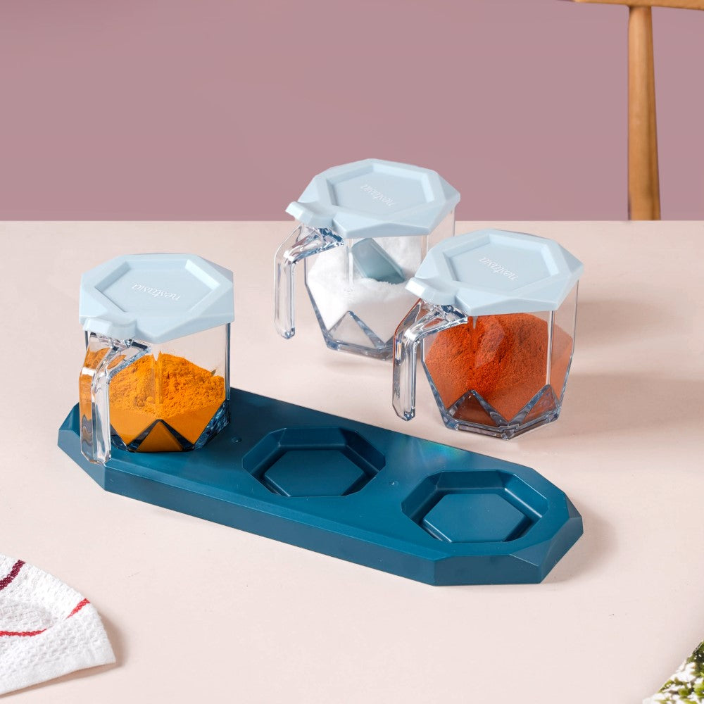 Spice Containers With Spoons Set Of 3 Blue Nestasia