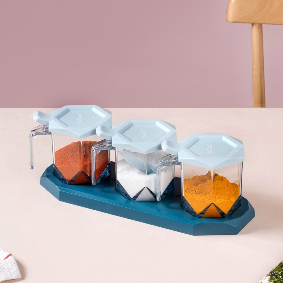 Spice Containers With Spoons Set Of 3 Blue Nestasia