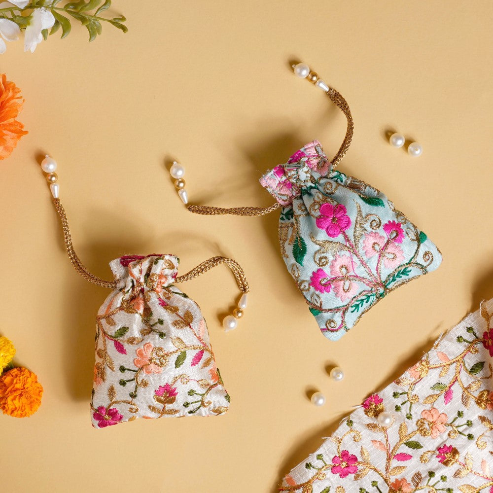Aiyana Zari Floral Patterned Shagun Potli Bag Set Of 2 Nestasia