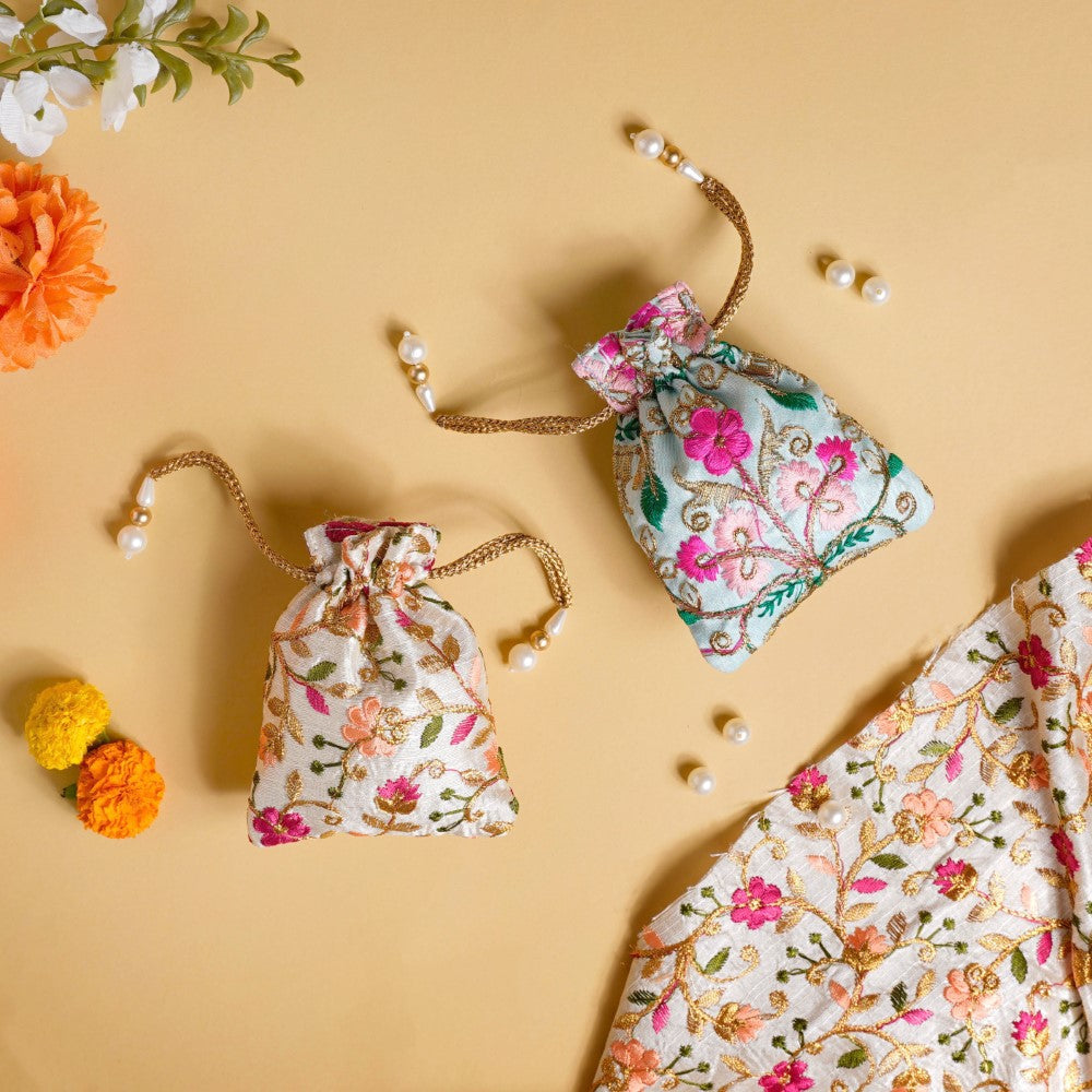 Aiyana Zari Floral Patterned Shagun Potli Bag Set Of 2 Nestasia
