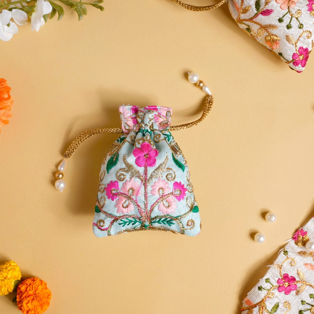 Aiyana Zari Floral Patterned Shagun Potli Bag Set Of 2 Nestasia