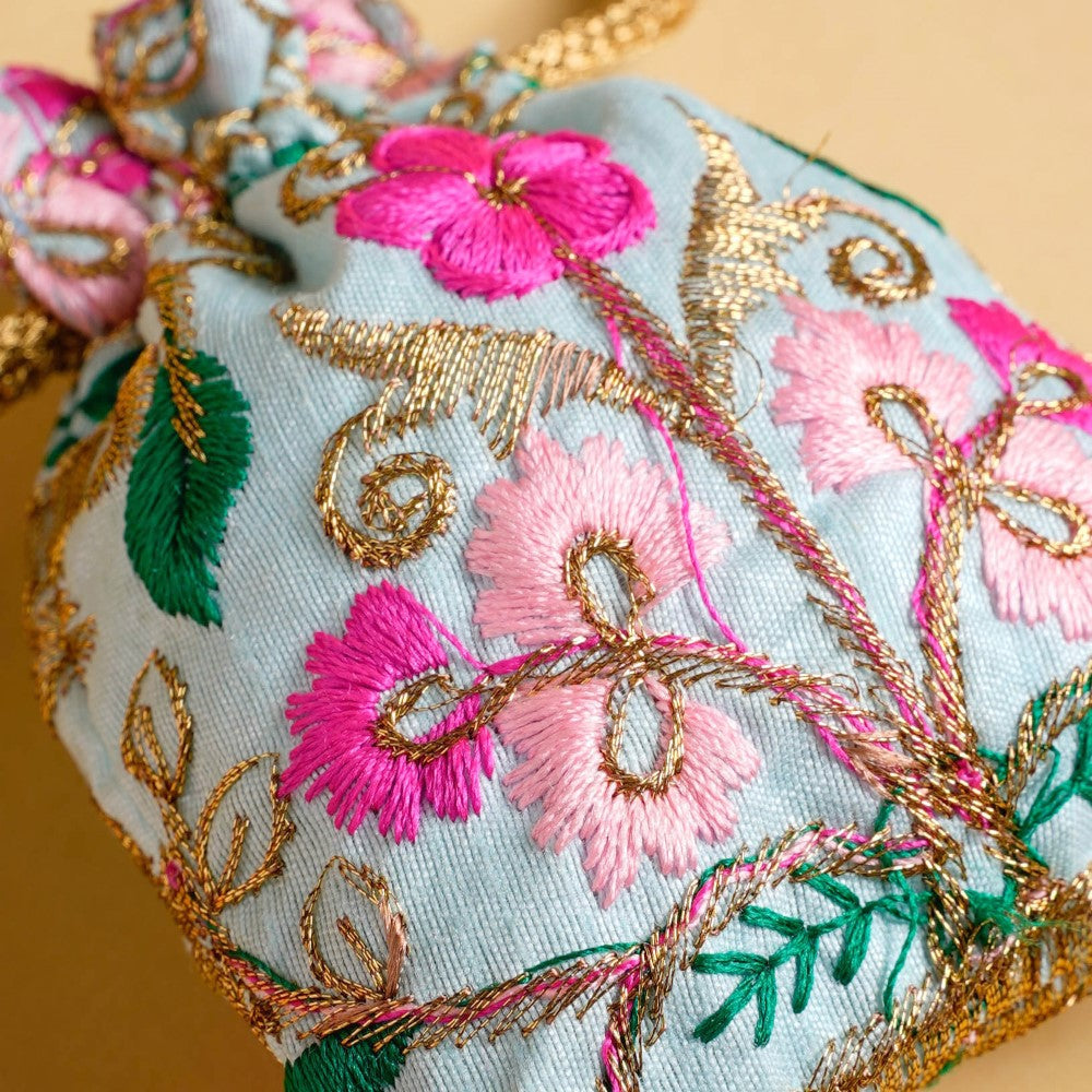 Aiyana Zari Floral Patterned Shagun Potli Bag Set Of 2 Nestasia