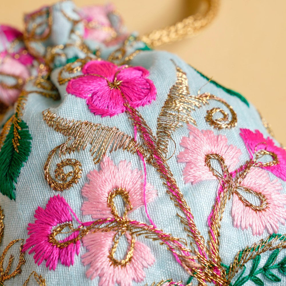 Aiyana Zari Floral Patterned Shagun Potli Bag Set Of 2 Nestasia