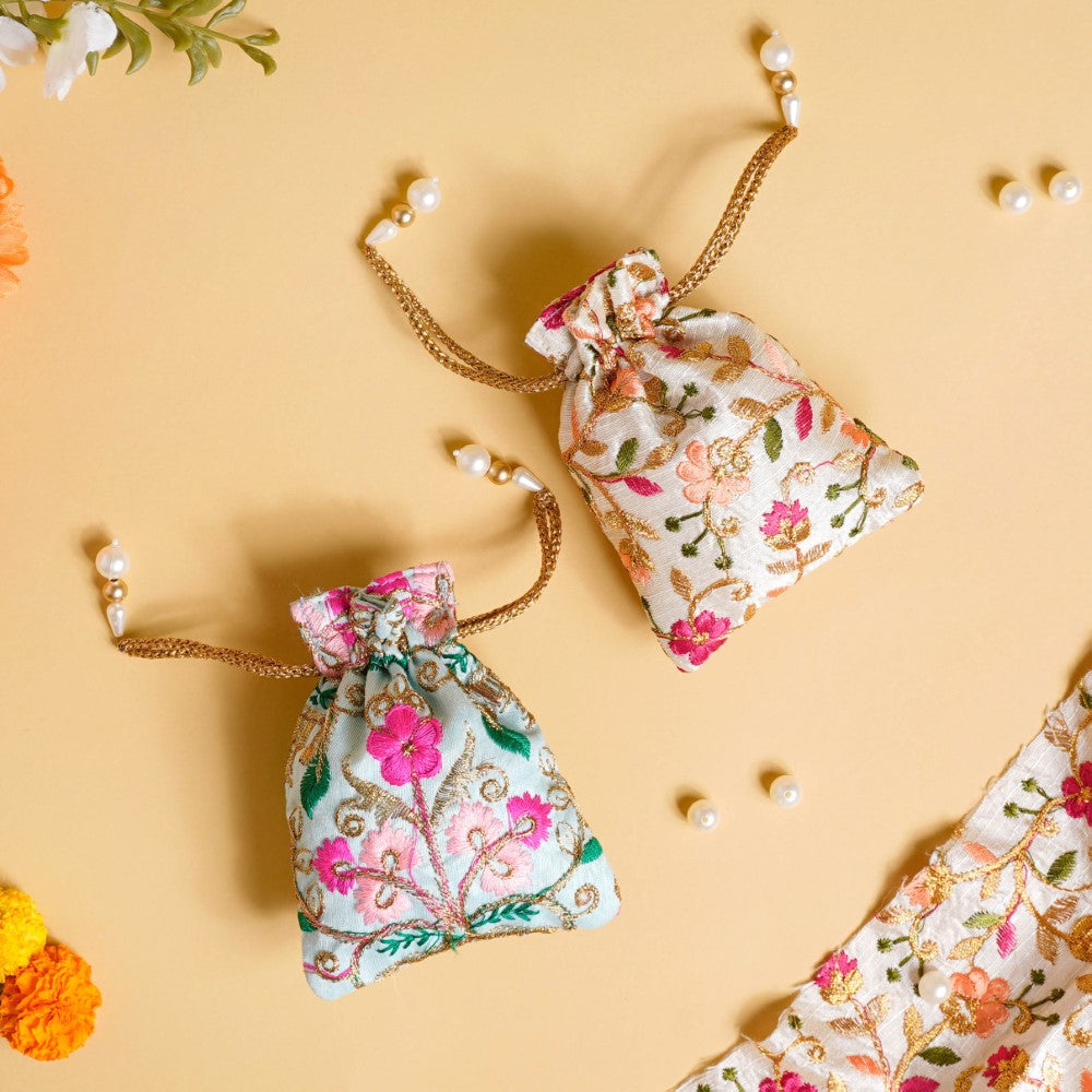 Aiyana Zari Floral Patterned Shagun Potli Bag Set Of 2 Nestasia