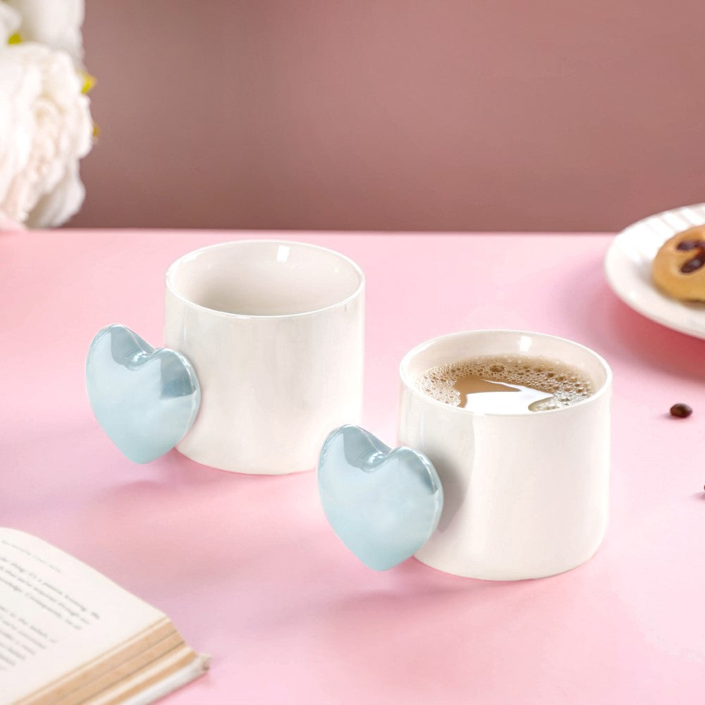 Heart Ceramic Coffee Mugs Set of 2 Blue 330ml Nestasia