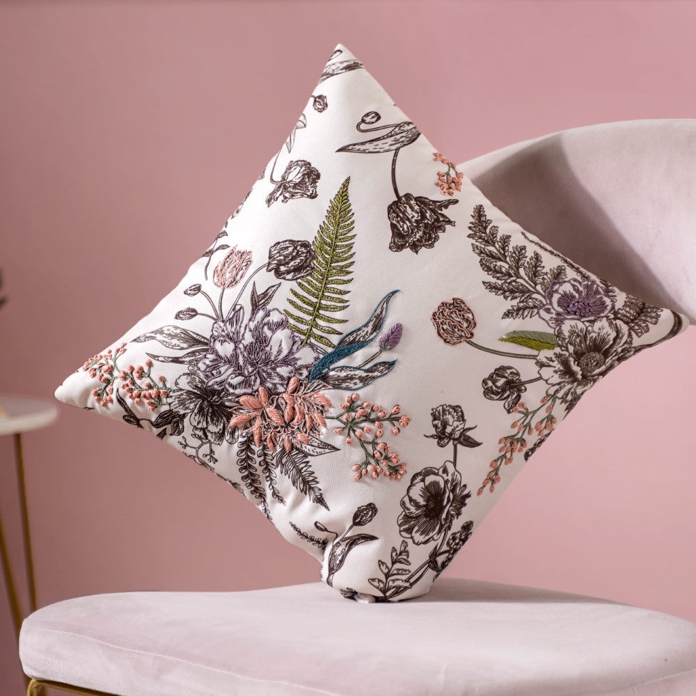 Bouquet Cushion Cover With Hand Embroidery 16 x 16 Inch Nestasia