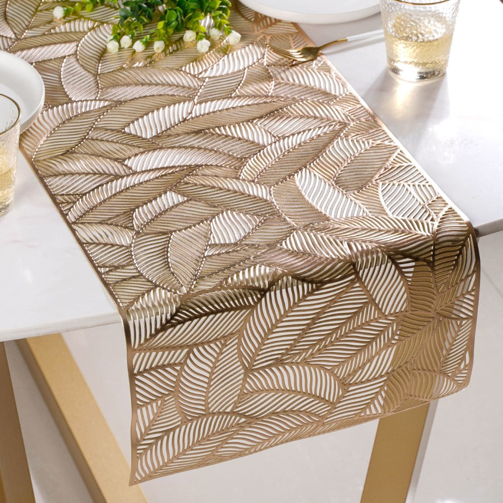 Luxe Leaves Table Runner Gold 70x14 Inch Nestasia