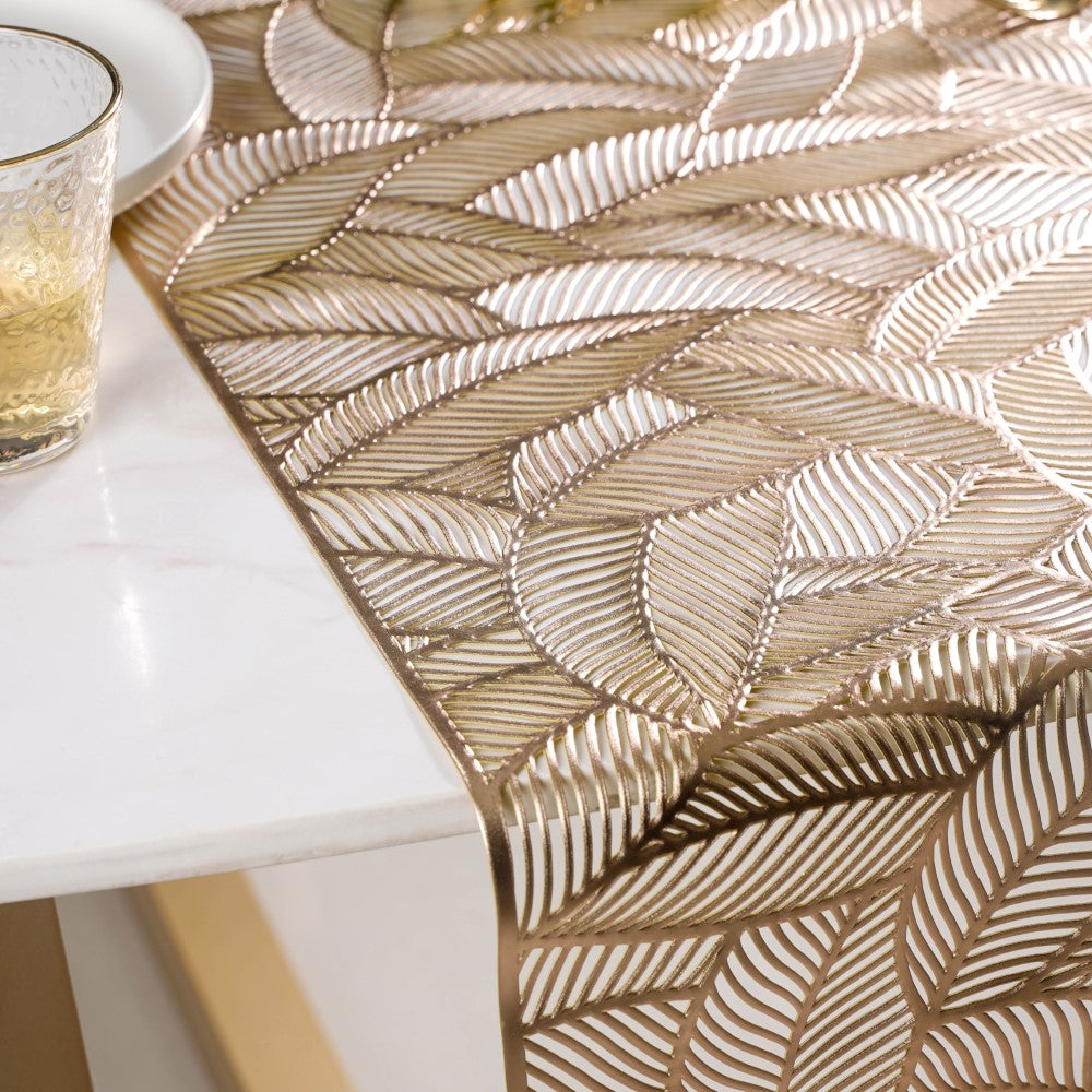 Luxe Leaves Table Runner Gold 70x14 Inch Nestasia