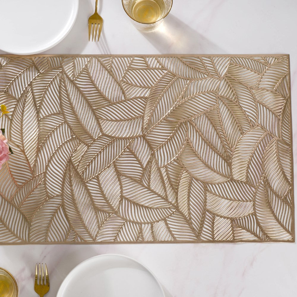 Luxe Leaves Table Runner Gold 70x14 Inch Nestasia