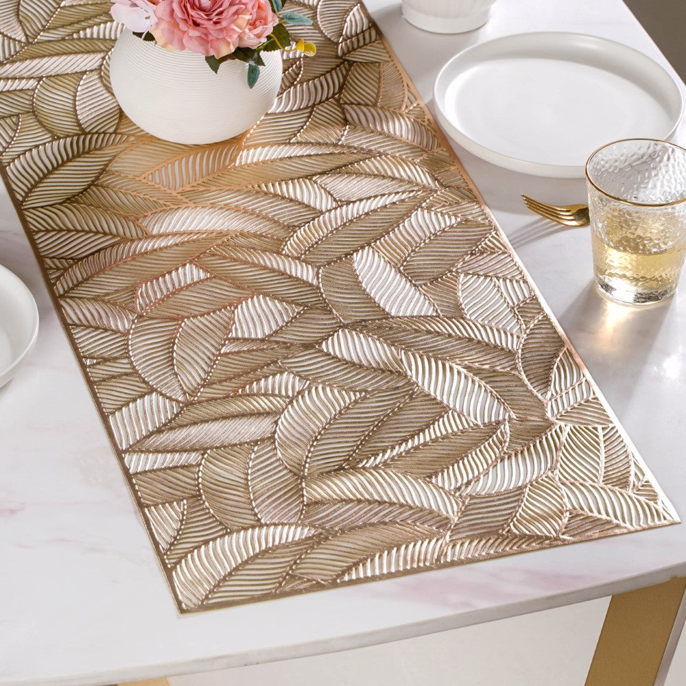 Luxe Leaves Table Runner Gold 70x14 Inch Nestasia