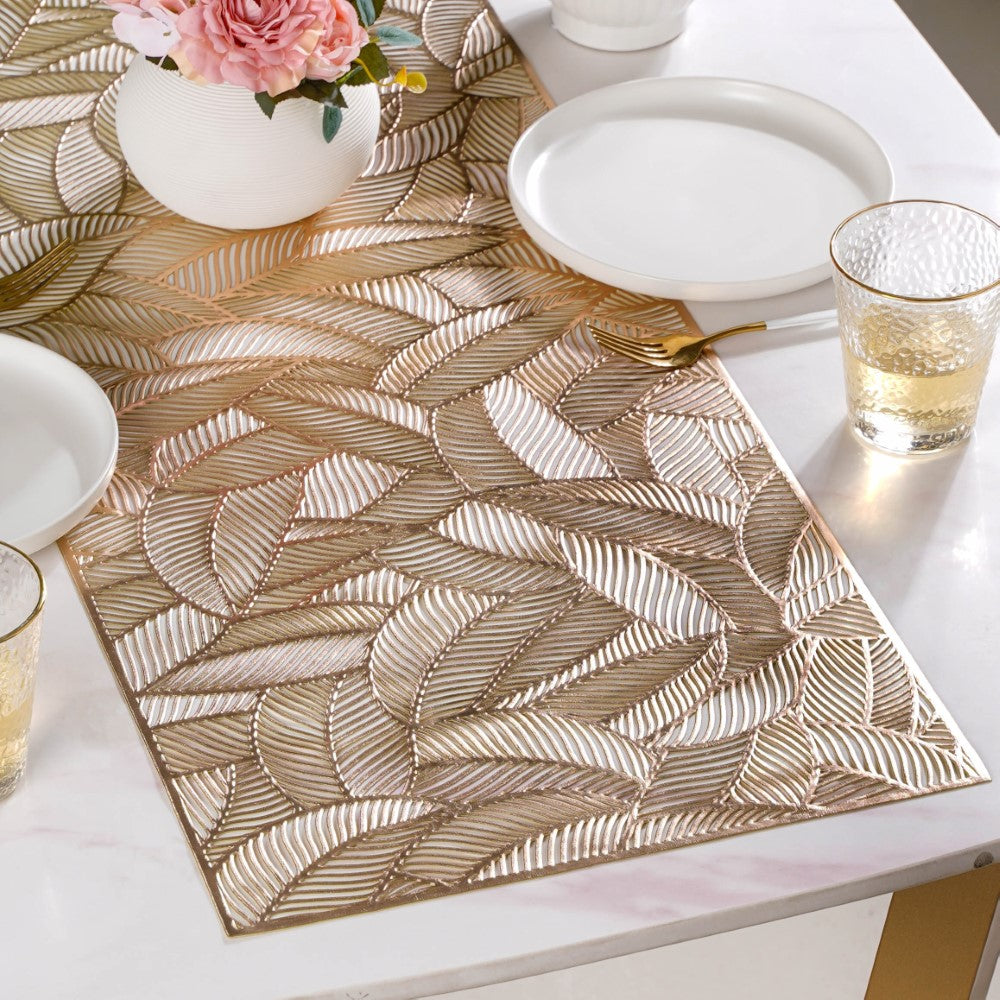 Luxe Leaves Table Runner Gold 70x14 Inch Nestasia
