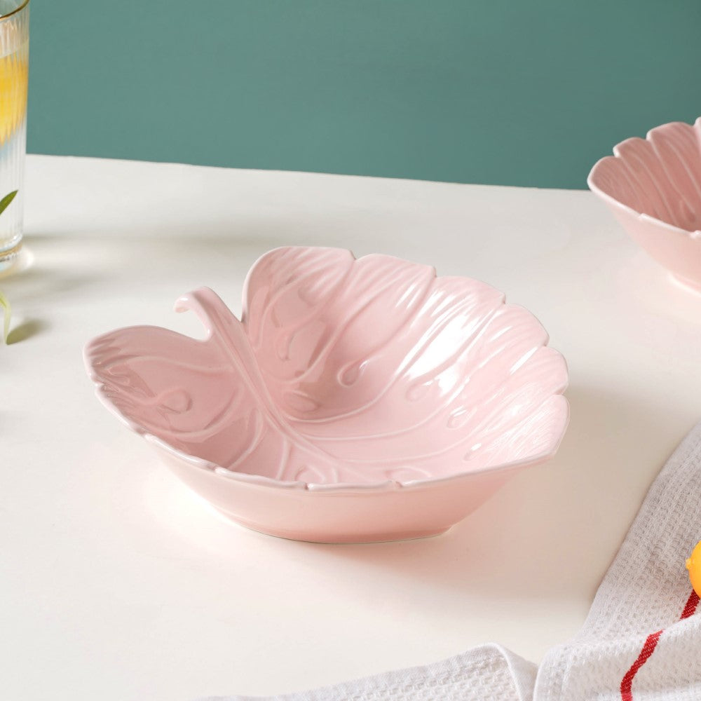 Ceramic Taro Leaf Serving Bowl Pink 700 ml Nestasia