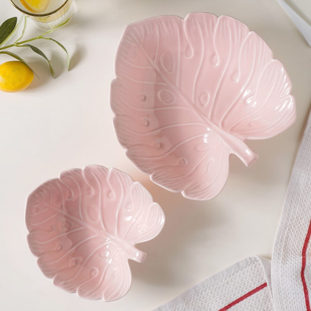 Ceramic Taro Leaf Serving Bowl Pink 700 ml Nestasia