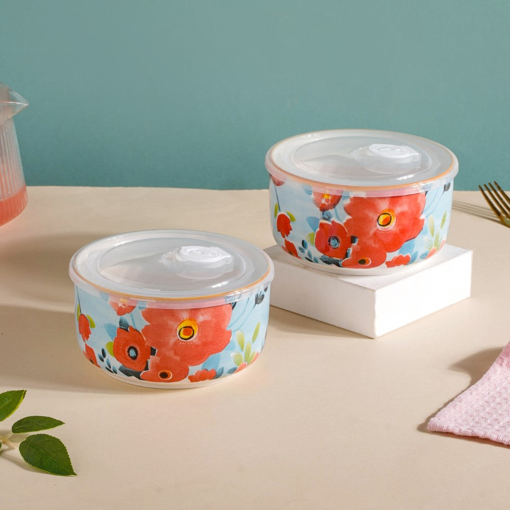 Meadow Muse Ceramic Lunch Box Blue 550 ml Set Of 2 Nestasia