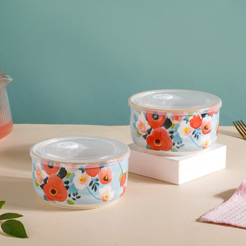Meadow Muse Ceramic Lunch Box Blue 550 ml Set Of 2 Nestasia