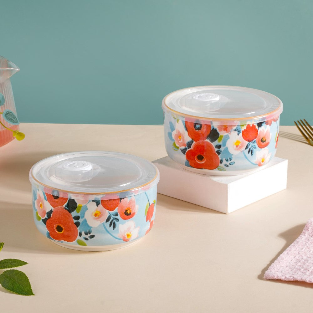Meadow Muse Ceramic Lunch Box Blue 550 ml Set Of 2 Nestasia