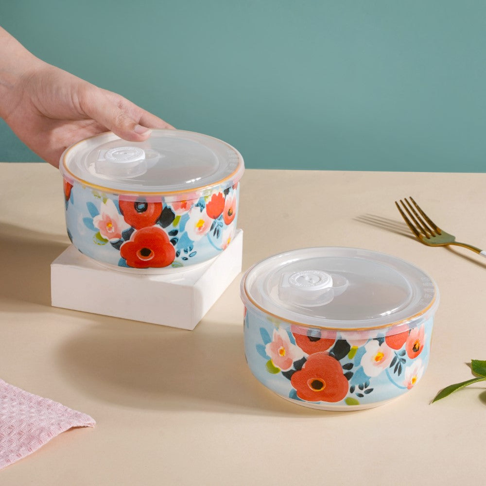 Meadow Muse Ceramic Lunch Box Blue 550 ml Set Of 2 Nestasia