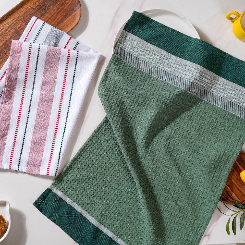 Green White Stripes Cotton Hand Towel Set Of 2 Nestasia