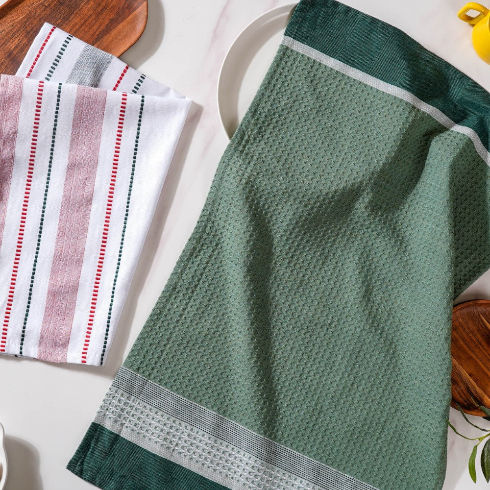 Green White Stripes Cotton Hand Towel Set Of 2 Nestasia