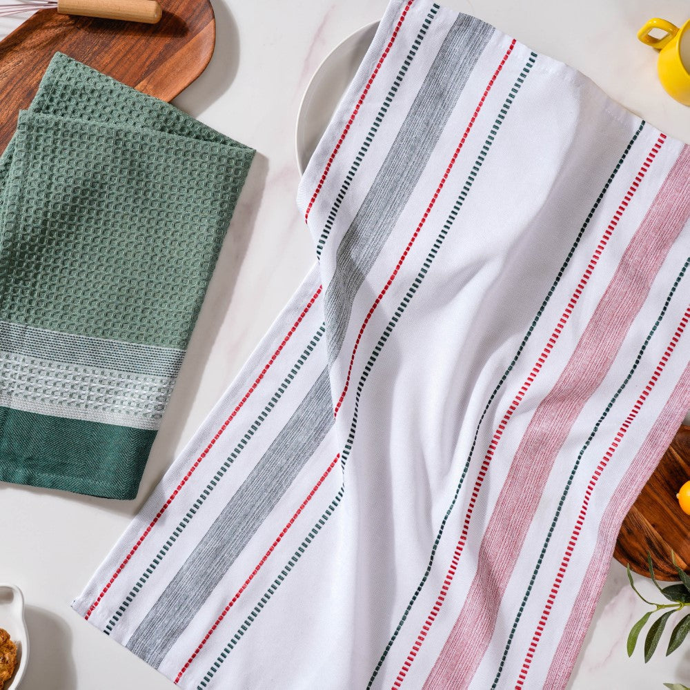 Green White Stripes Cotton Hand Towel Set Of 2 Nestasia