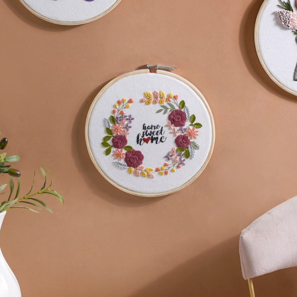 Home Sweet Home Floral Hand Embroidered Hoop Wall Decor 10 Inch Nestasia