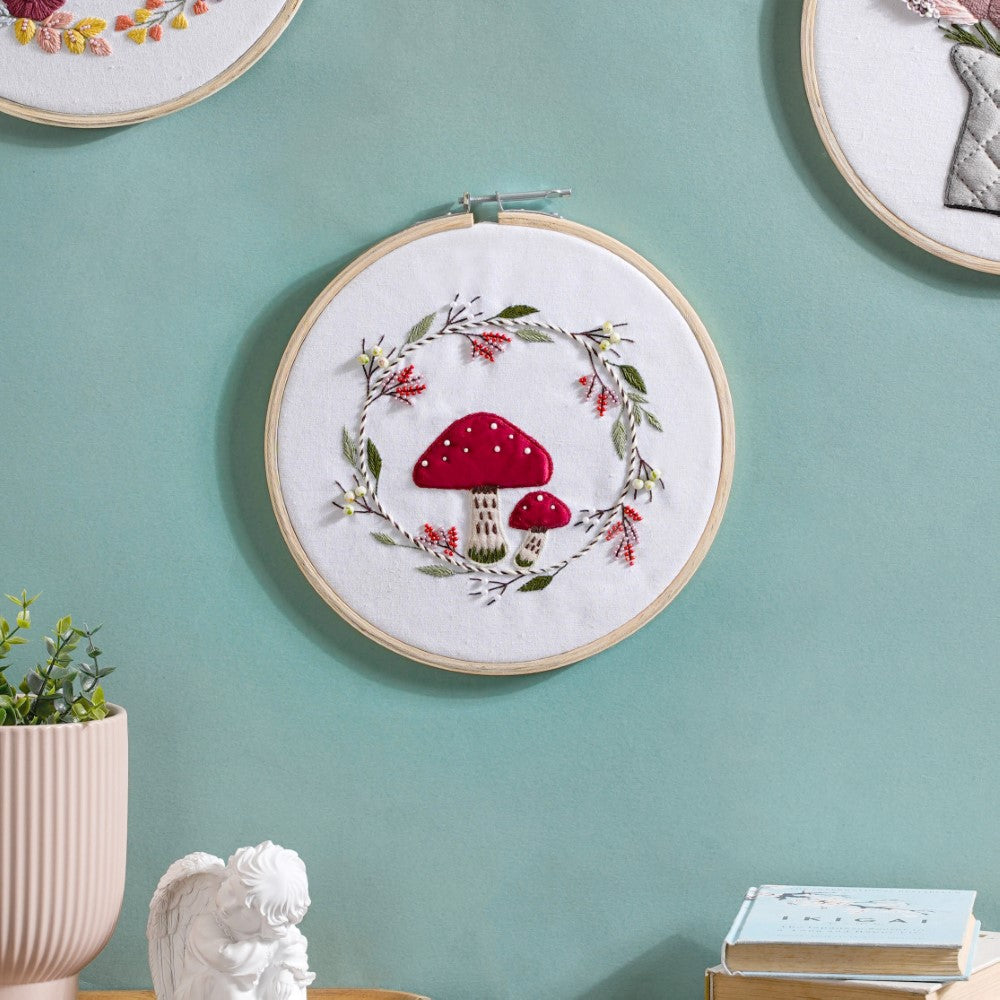 Red Mushrooms Hand Embroidered Hoop Wall Decor 10 Inch Nestasia