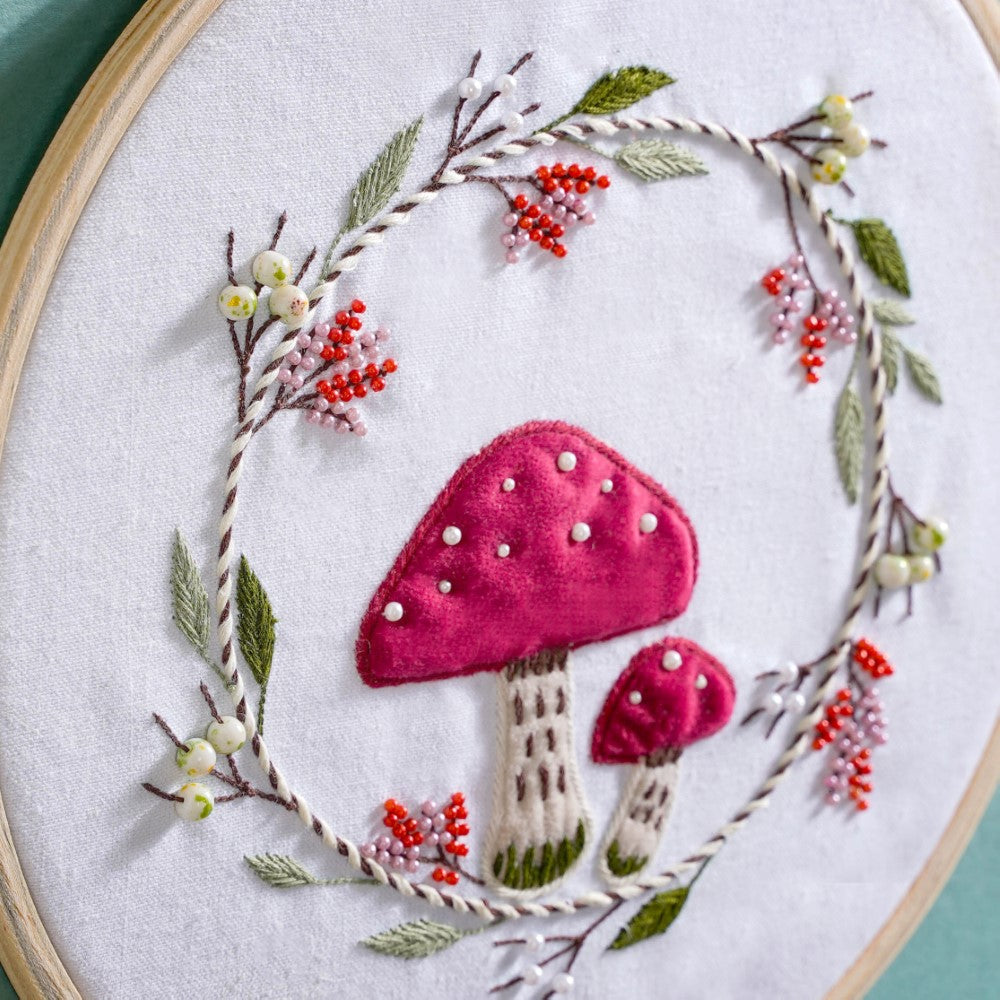 Red Mushrooms Hand Embroidered Hoop Wall Decor 10 Inch Nestasia