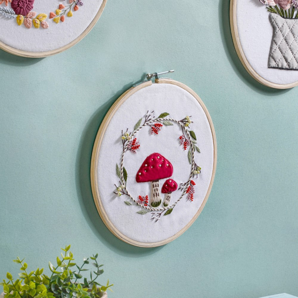 Red Mushrooms Hand Embroidered Hoop Wall Decor 10 Inch Nestasia