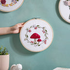 Red Mushrooms Hand Embroidered Hoop Wall Decor 10 Inch Nestasia
