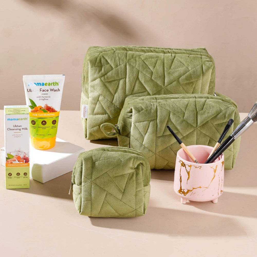 Green Cosmetic Bag And Organizer Gift Hamper Set Of 4 Nestasia