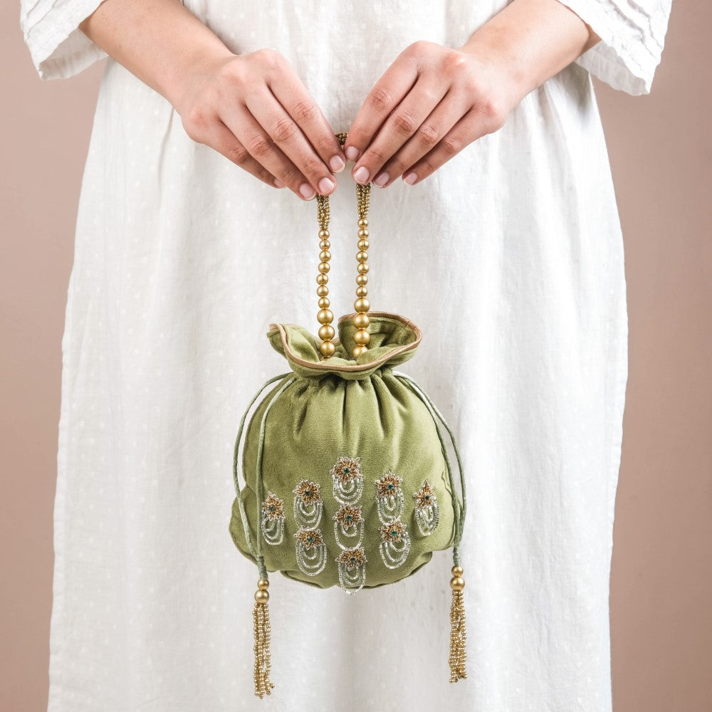 Shikara Orchids Velvet Potli Bag Smoky Green Nestasia
