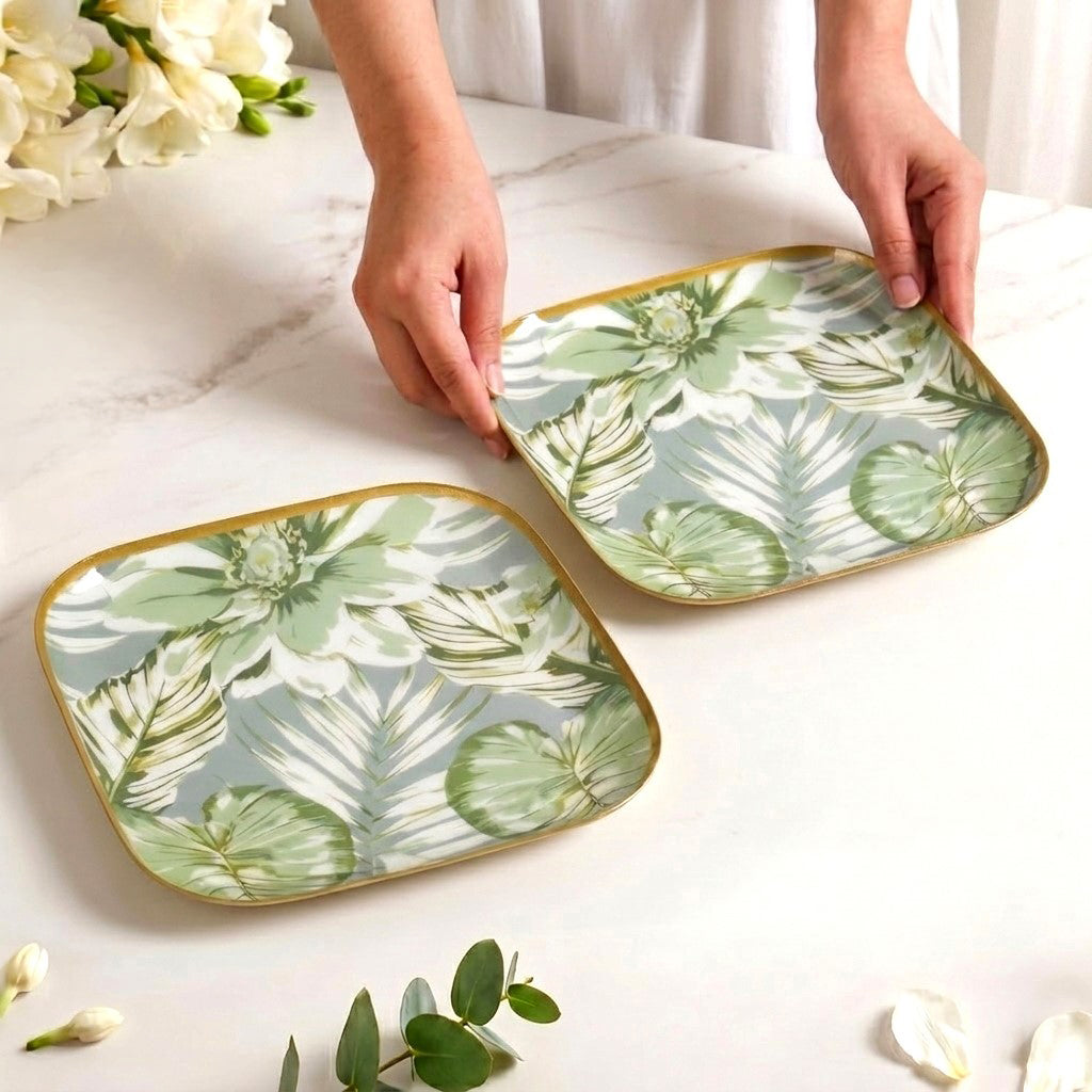 Pastel Tropic Leaf Platter Set Of 2 In Gift Box Nestasia