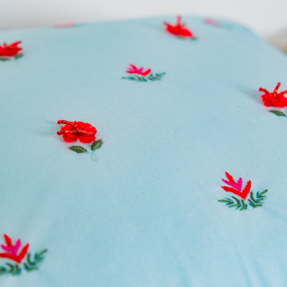 Red Orchids Hand Embroidery Velvet Cushion Cover 16 inch Nestasia