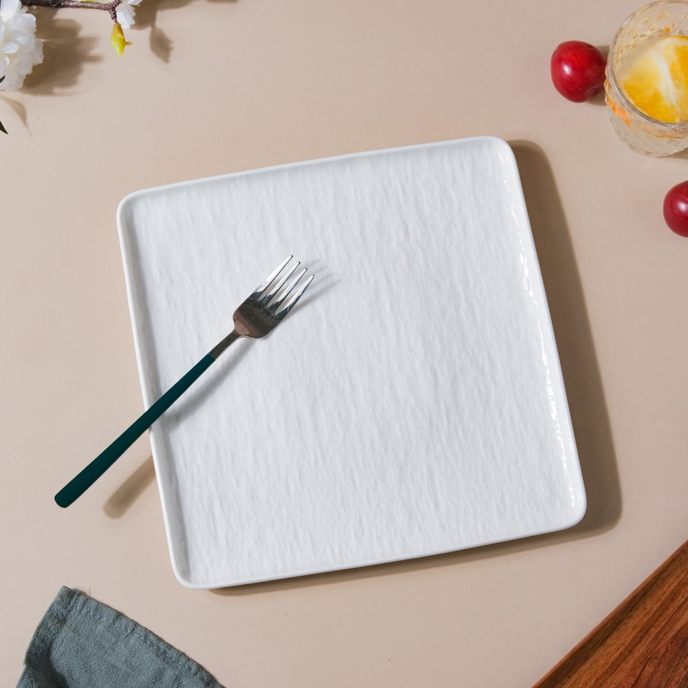 Frore Textured Square Ceramic Dinner Plate White 9.5 Inch Nestasia