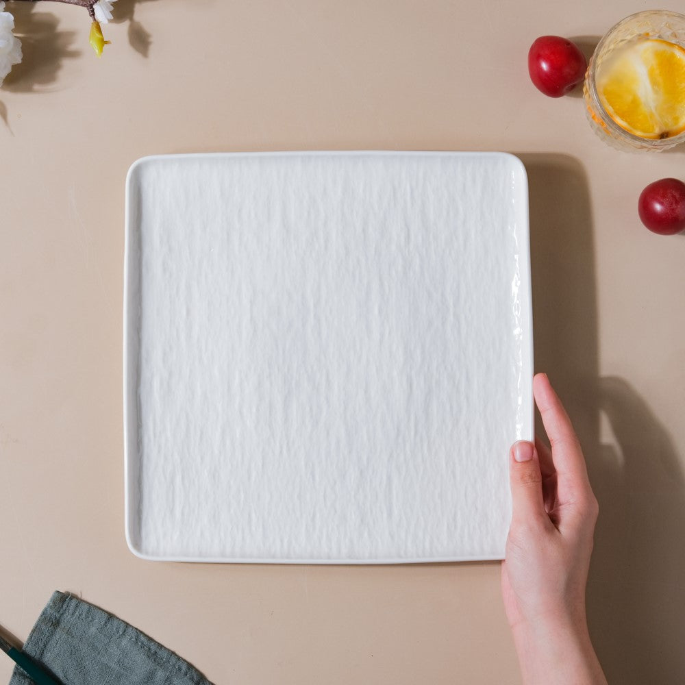 Frore Textured Square Ceramic Dinner Plate White 9.5 Inch Nestasia
