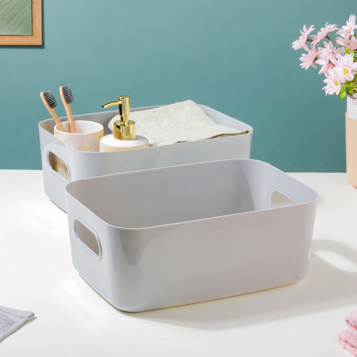 Multipurpose Storage Basket Grey Set Of 2 11 Inch Nestasia