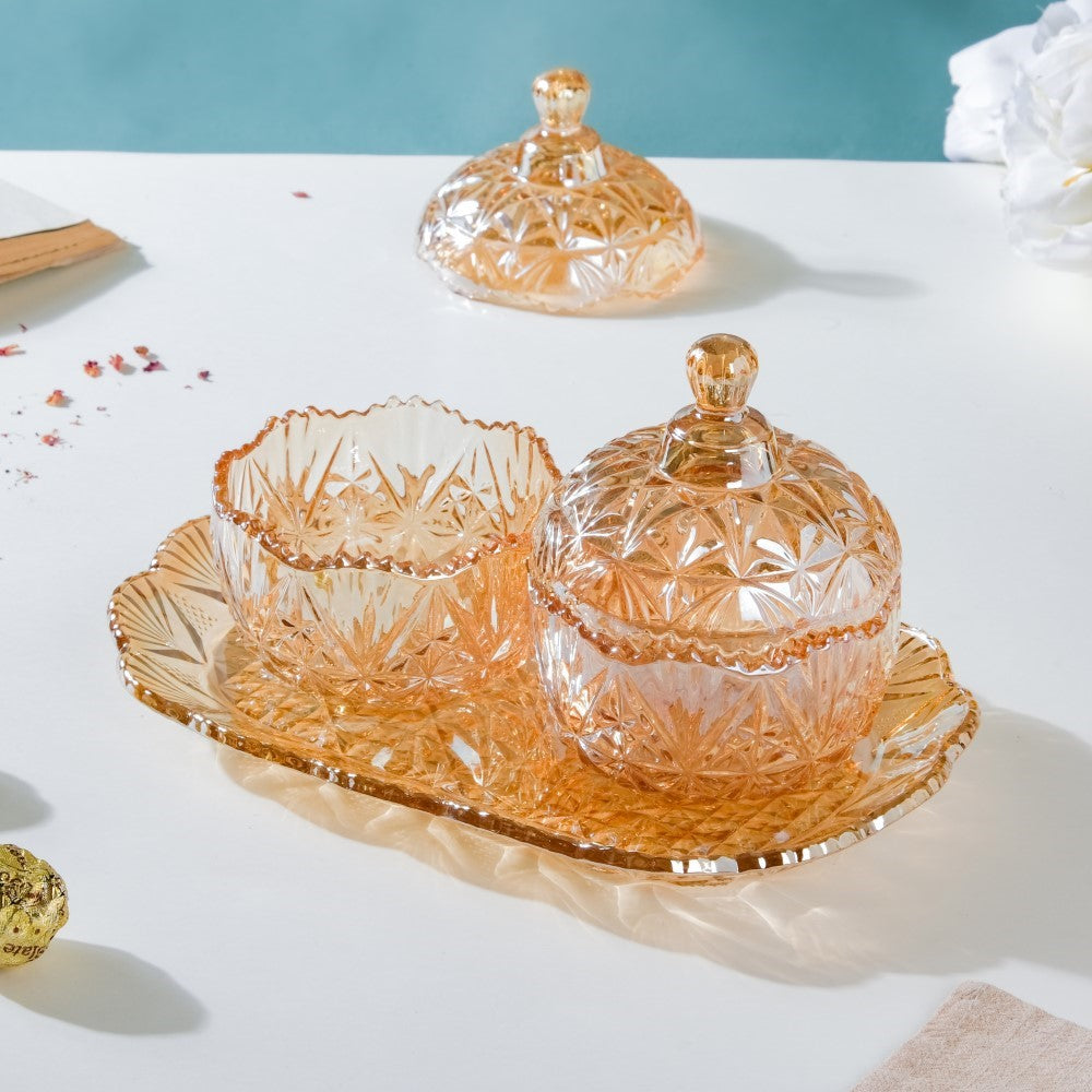 Vintage Round Textured Glass Jar With Lid Amber Set Of 3 200ml Nestasia