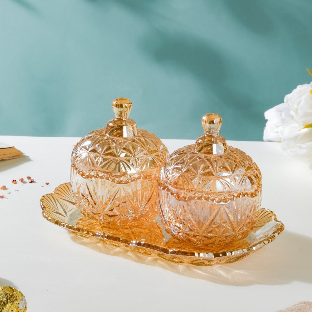 Vintage Round Textured Glass Jar With Lid Amber Set Of 3 200ml Nestasia