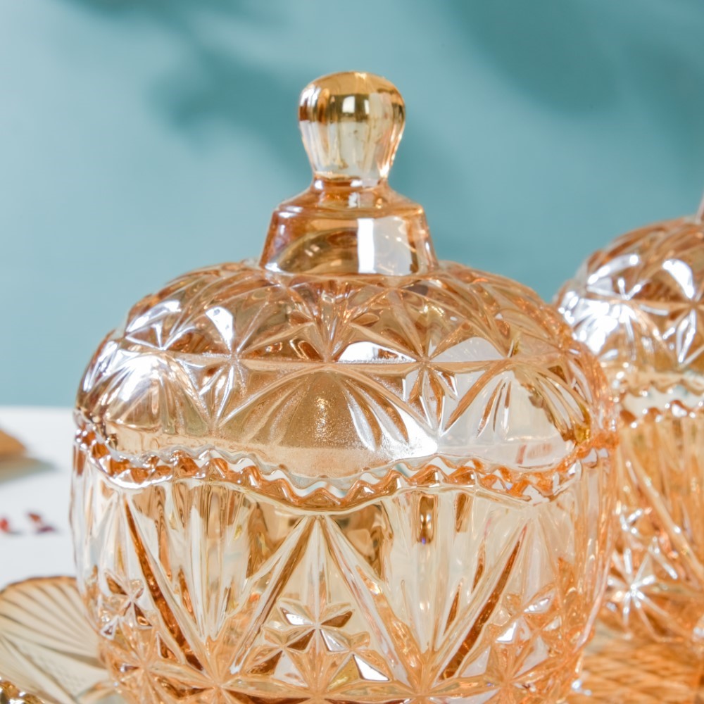 Vintage Round Textured Glass Jar With Lid Amber Set Of 3 200ml Nestasia