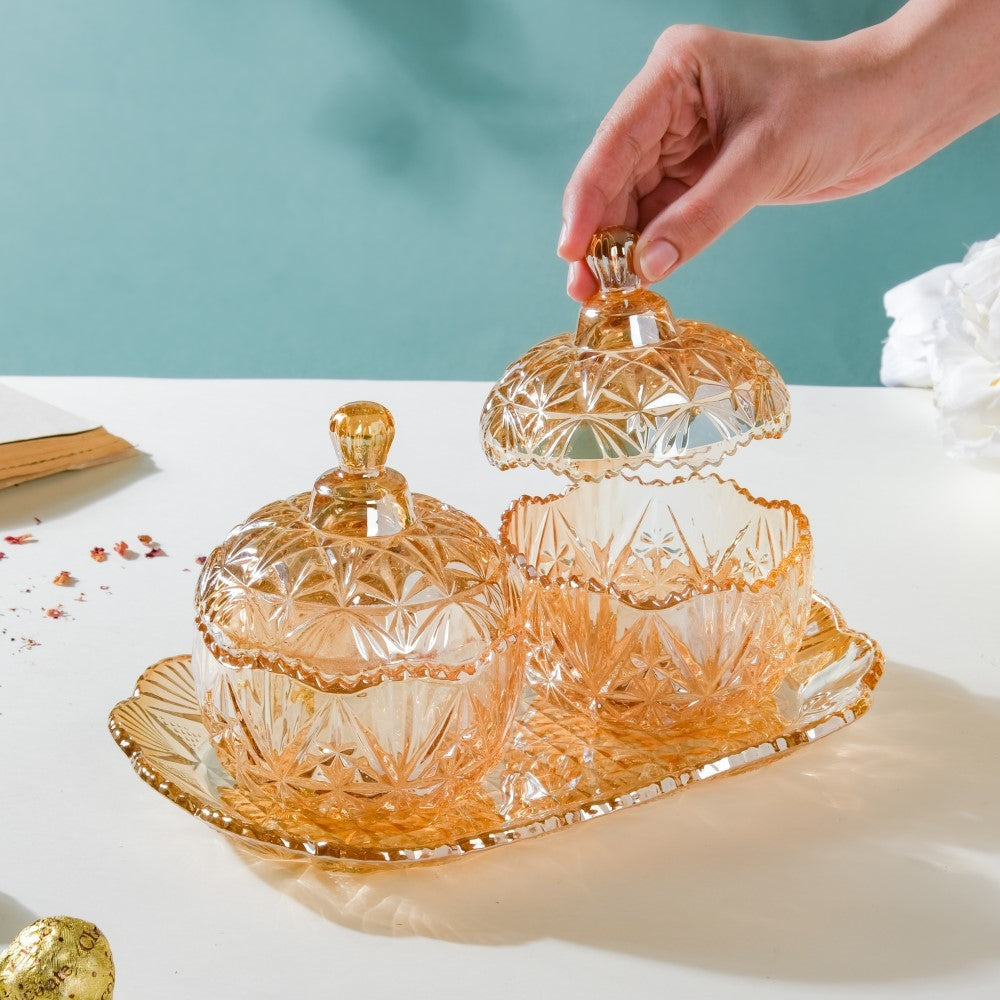 Vintage Round Textured Glass Jar With Lid Amber Set Of 3 200ml Nestasia