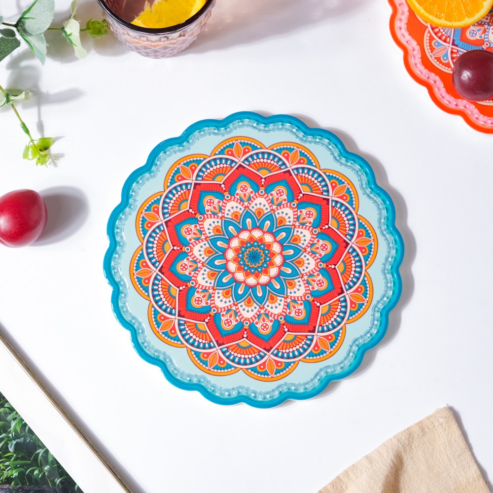 Floral Mandala Ceramic Trivet Blue Orange 8 Inch Nestasia