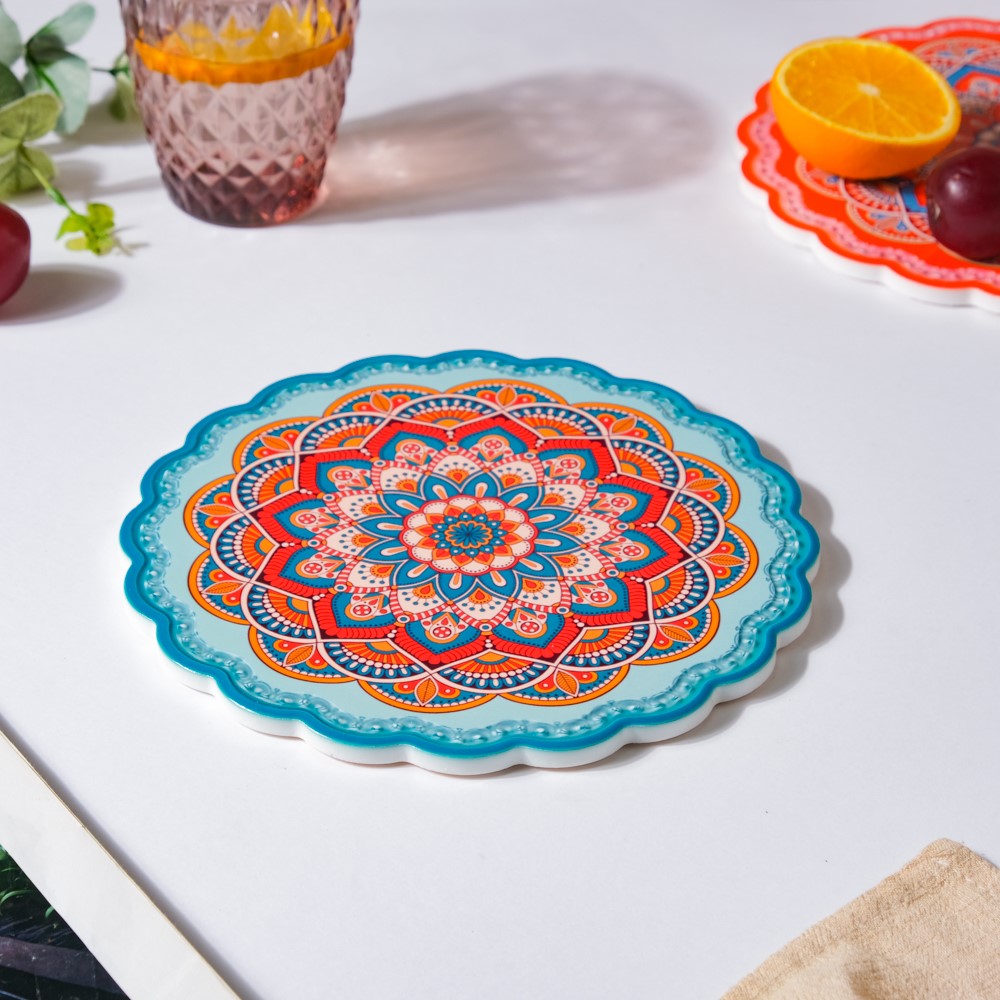 Floral Mandala Ceramic Trivet Blue Orange 8 Inch Nestasia