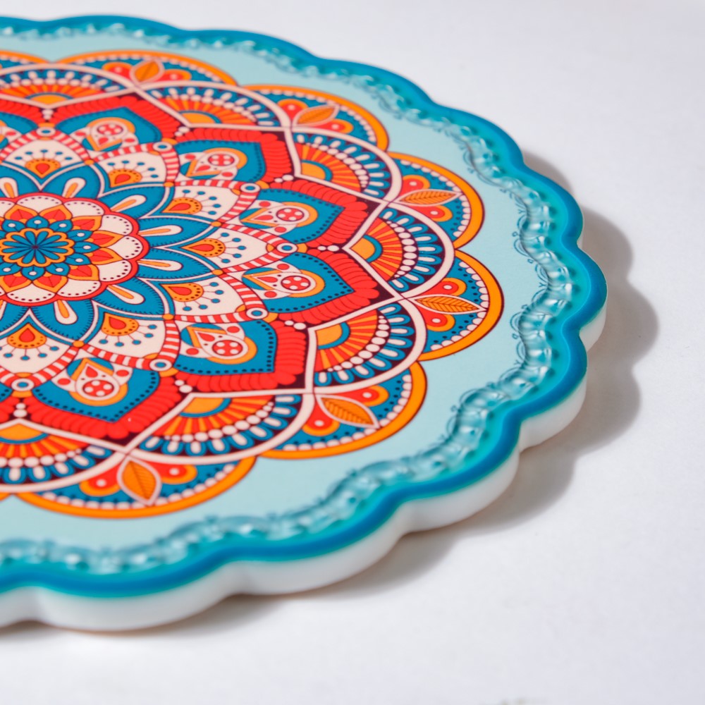 Floral Mandala Ceramic Trivet Blue Orange 8 Inch Nestasia