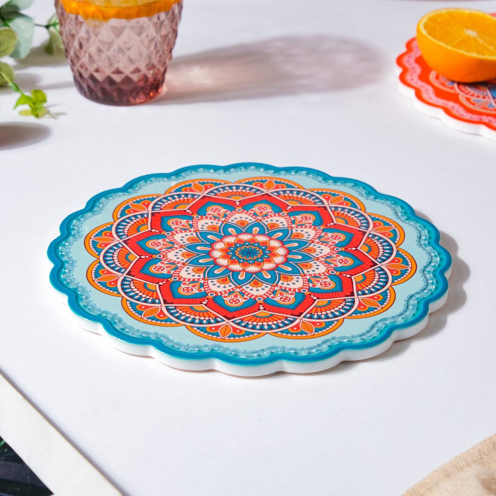 Floral Mandala Ceramic Trivet Blue Orange 8 Inch Nestasia