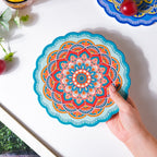 Floral Mandala Ceramic Trivet Blue Orange 8 Inch Nestasia