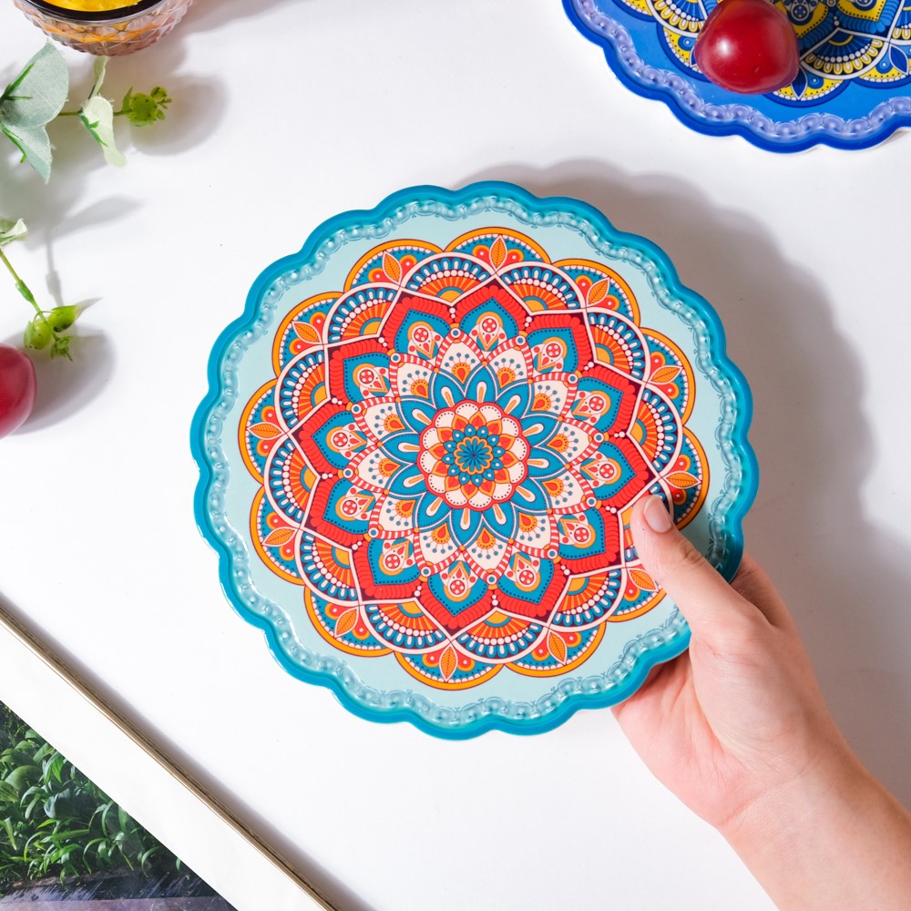 Floral Mandala Ceramic Trivet Blue Orange 8 Inch Nestasia