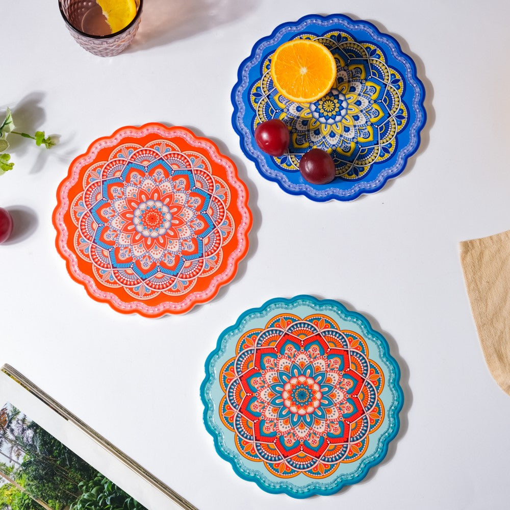 Floral Mandala Ceramic Trivet Blue Orange 8 Inch Nestasia