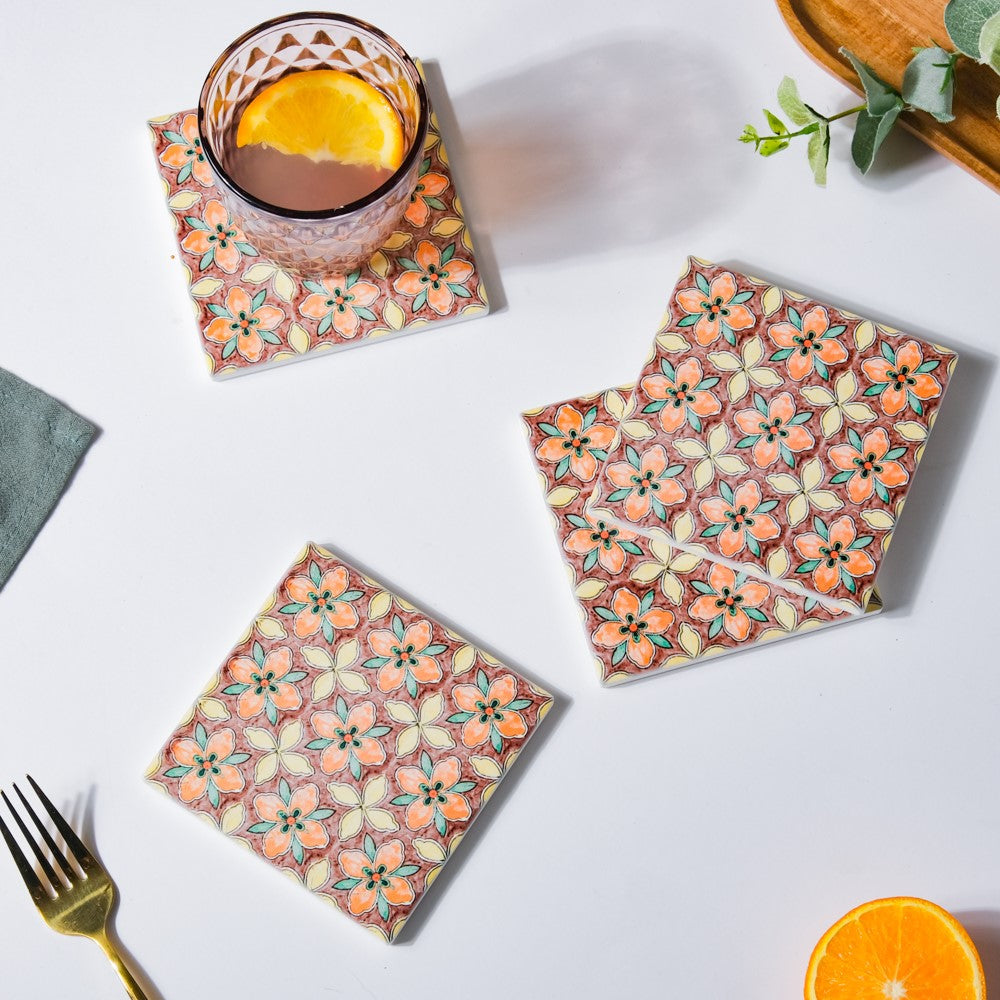 Mediterranean Matte Square Ceramic Coaster Set of 4 Nestasia