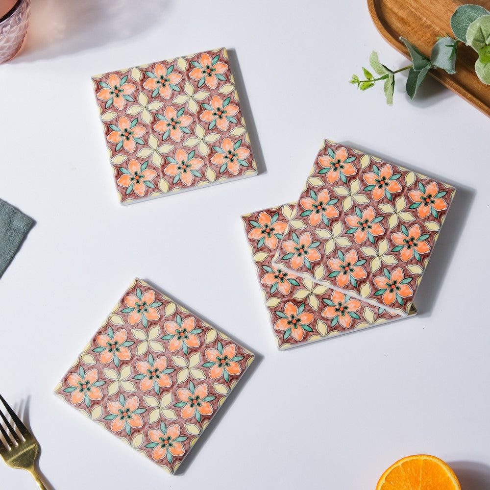 Mediterranean Matte Square Ceramic Coaster Set of 4 Nestasia